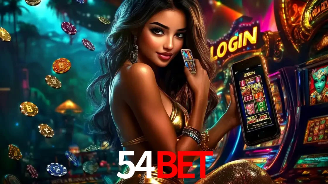 Mulher em um cenário de cassino temático de aventura, mostrando o app de caça-níqueis da 54BET no celular. Fichas de apostas flutuam ao redor.