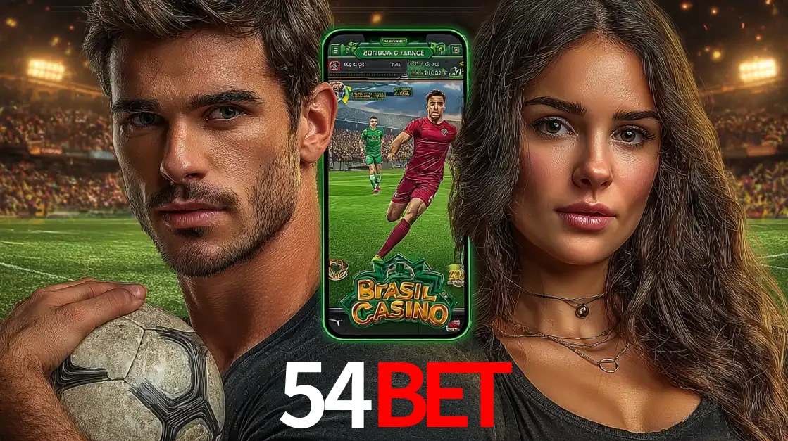 Homem segurando uma bola de futebol e uma mulher ao lado de um smartphone exibindo o jogo de apostas esportivas da 54BET. Faça seu palpite no cassino online.